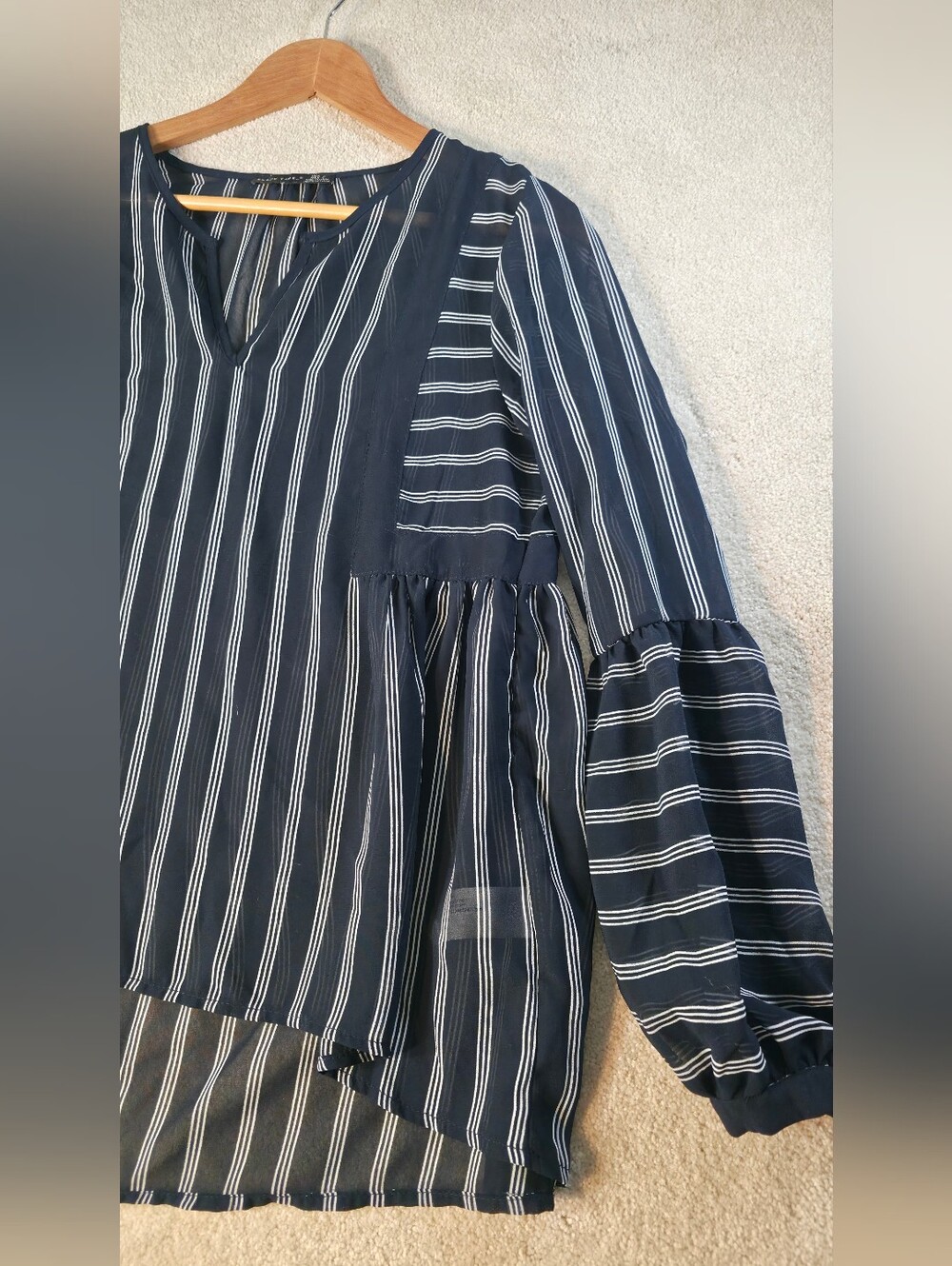 Black Tape Navy Striped Sheer V Neck Peplum Sleeves Nautical Casual Womens S